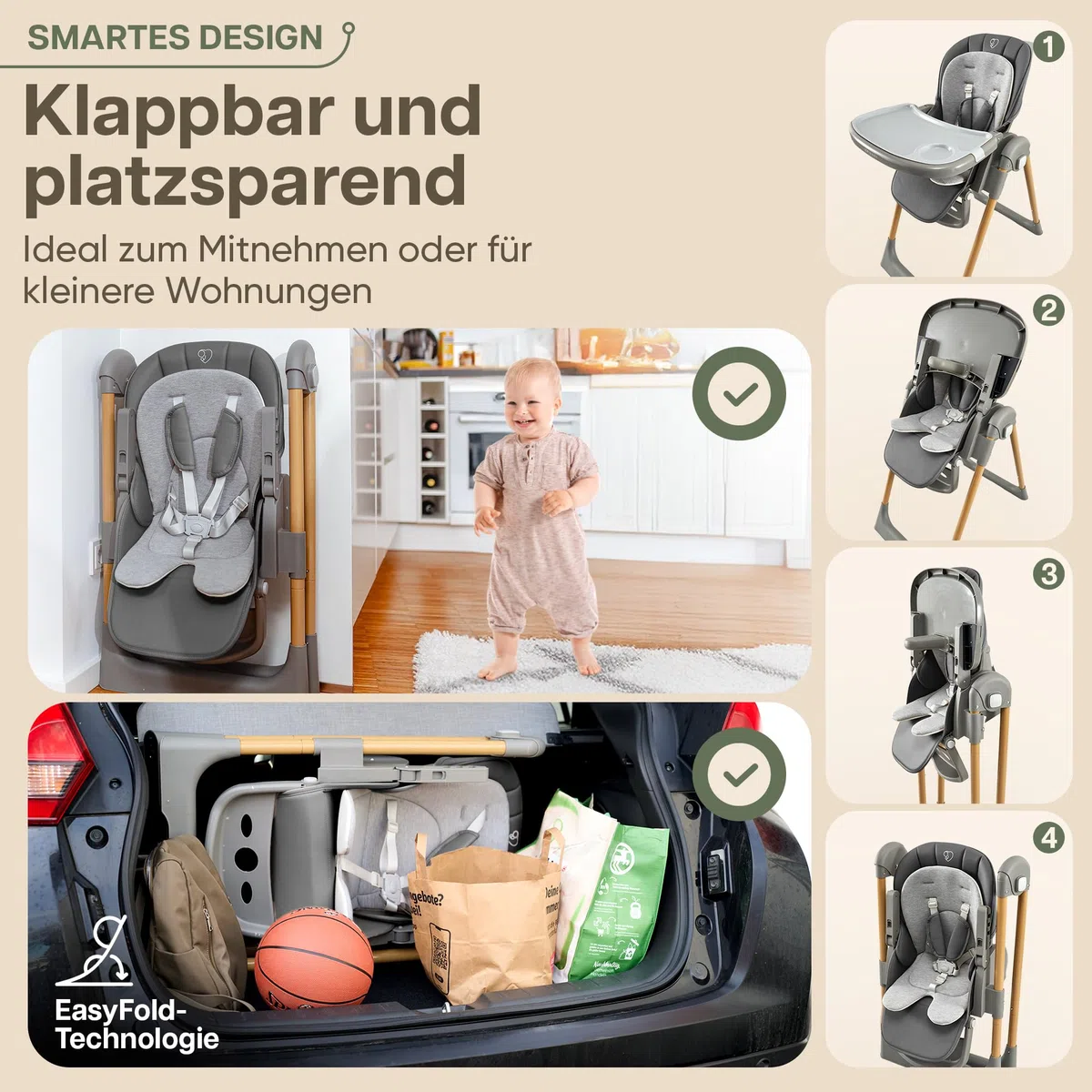 FlexiCo Hochstuhl Baby mit Liegefunktion & Neugeborenenaufsatz, Klappbar & Höhenverstellbar, Grau