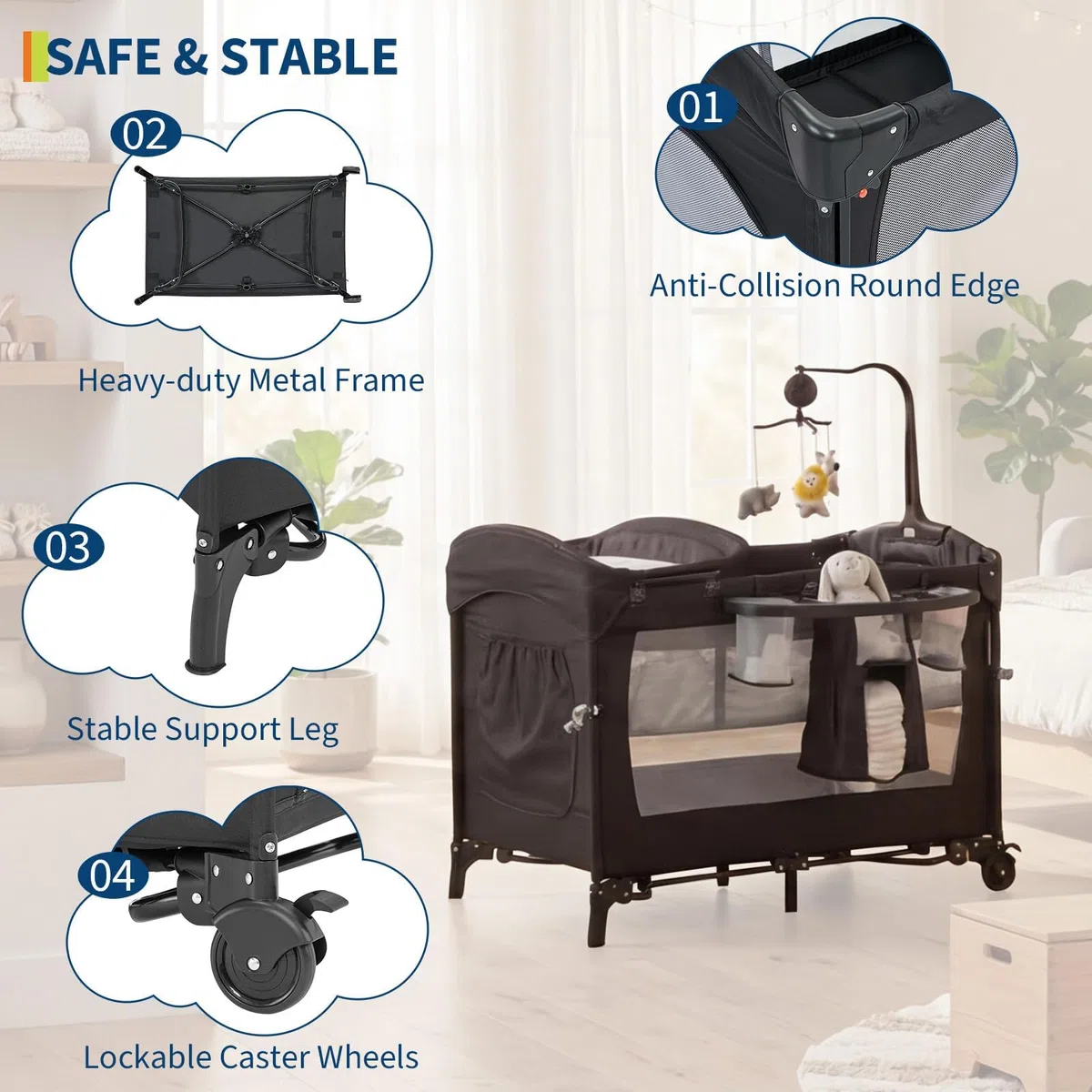 5 in 1 Beistellbett, Reisebett Baby mit Matratze, Babybett | mit Auto-Lock Räder Faltbarer Laufstall mit Musik-Spielbogen, Kinderreisebett mit Bassinet & Wickeltisch, Atmungsaktives Netz