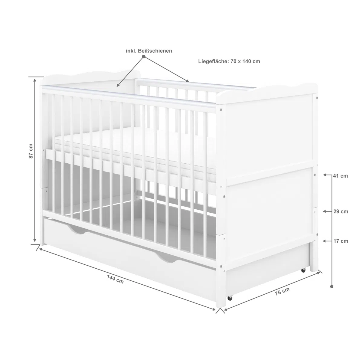 Babybett Kinderbett Juniorbett Jack 70x140 Weiß umbaubar mit Schublade Matratze und Beißschienen