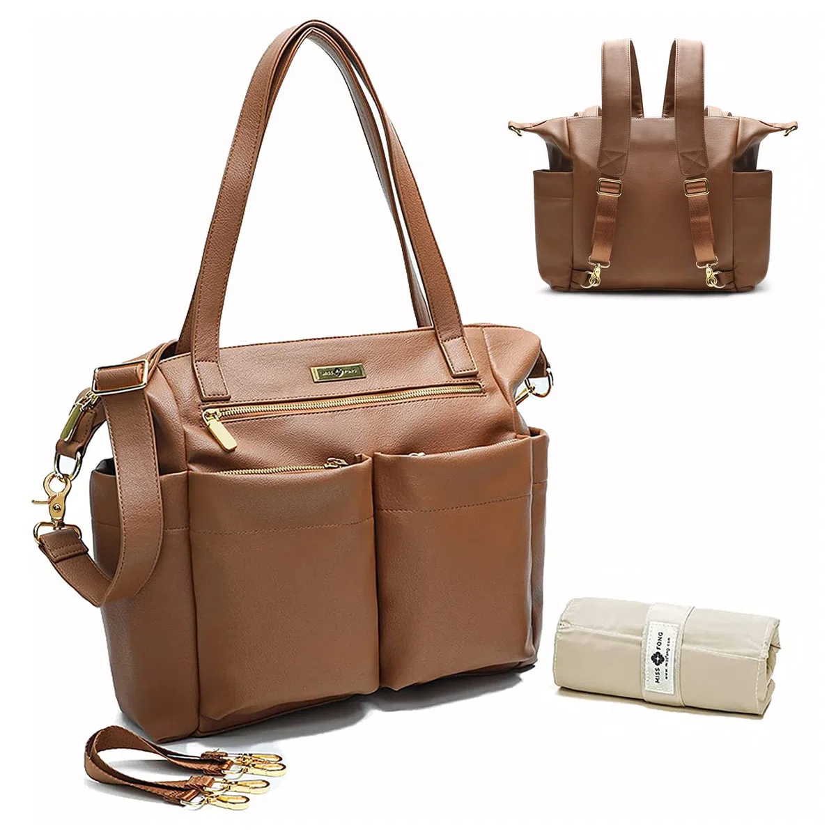 Baby Wickeltasche Miss Fong Wickelrucksack Tote Leder Wickeltaschen mit Wickelunterlage Babytaschen für Mama und Papa, isolierte Taschen, braun