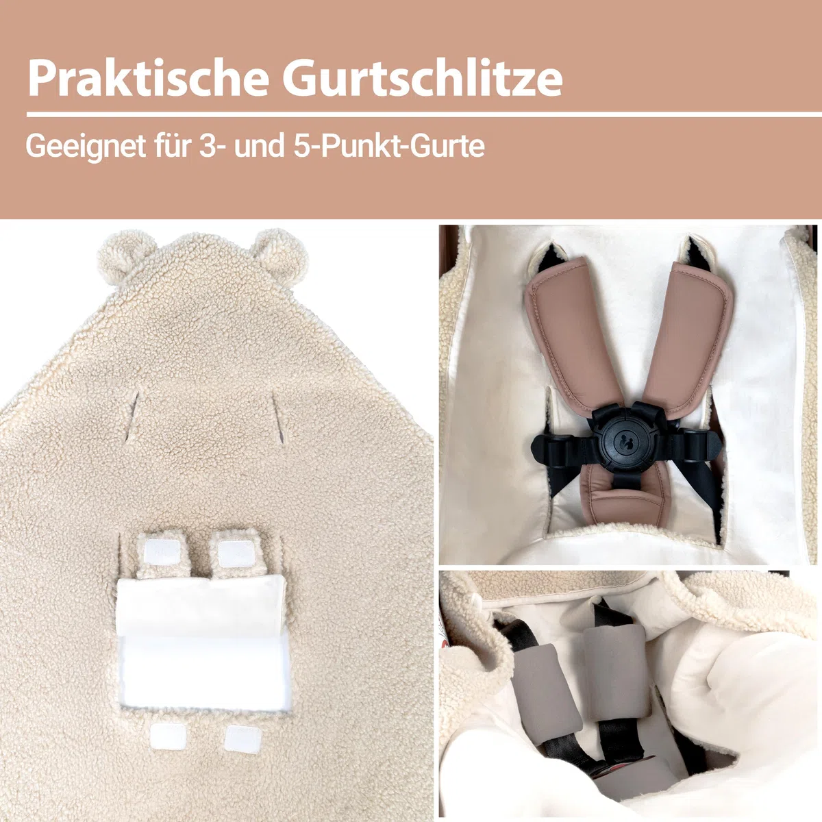 Zamboo Baby Einschlagdecke Fluffy Fleece 80x80 cm Oeko-TEX Zertifiziert mit Öhrchen & Gurtschlitzen Beige