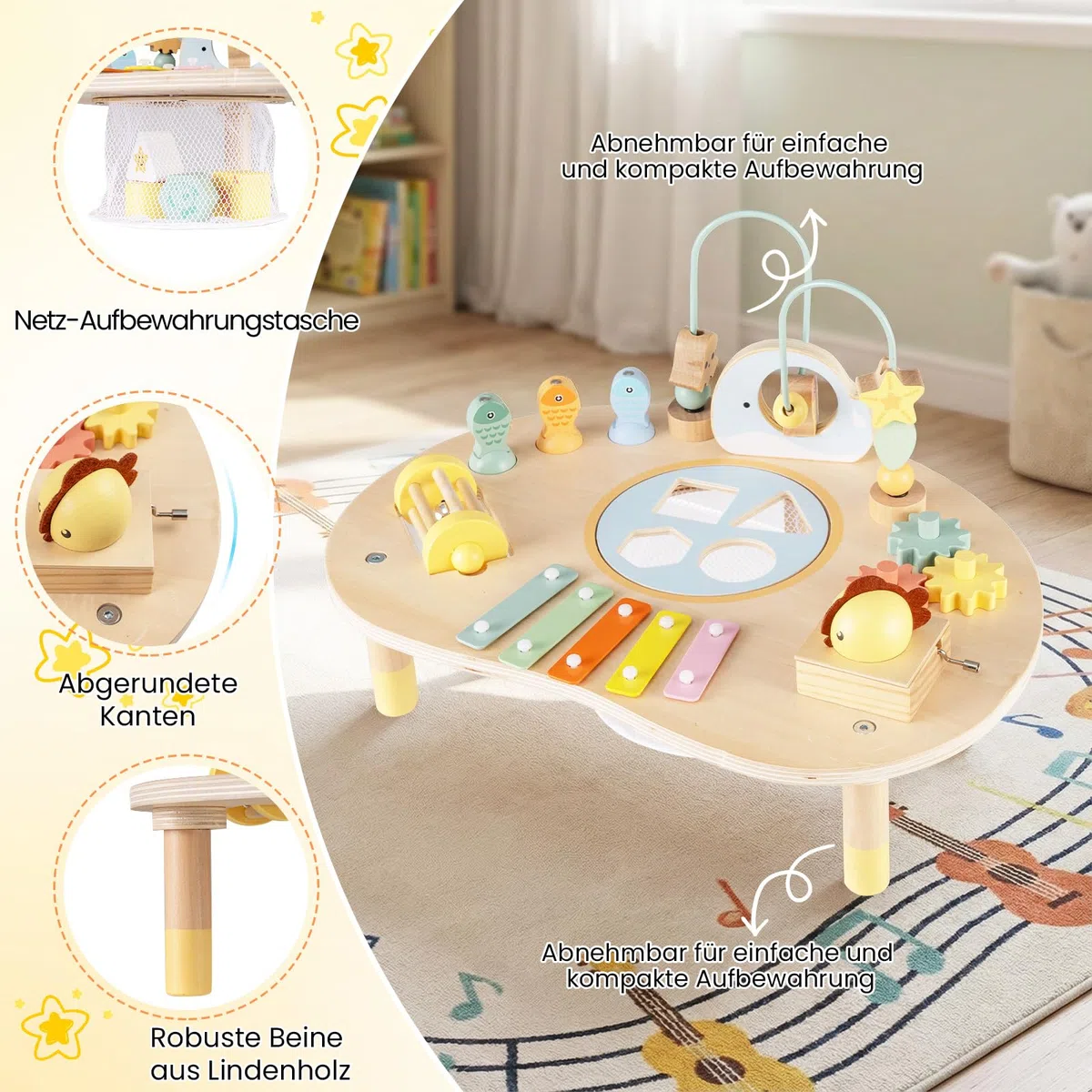 COSTWAY Aktivitätstisch Holz, Baby Montessori Spieltisch mit Motorikschleifen, Angelspiel, Xylophon, Spieluhr, Formensortierer, Motoriktisch Lernspielzeug für Kinder ab 1 Jahr
