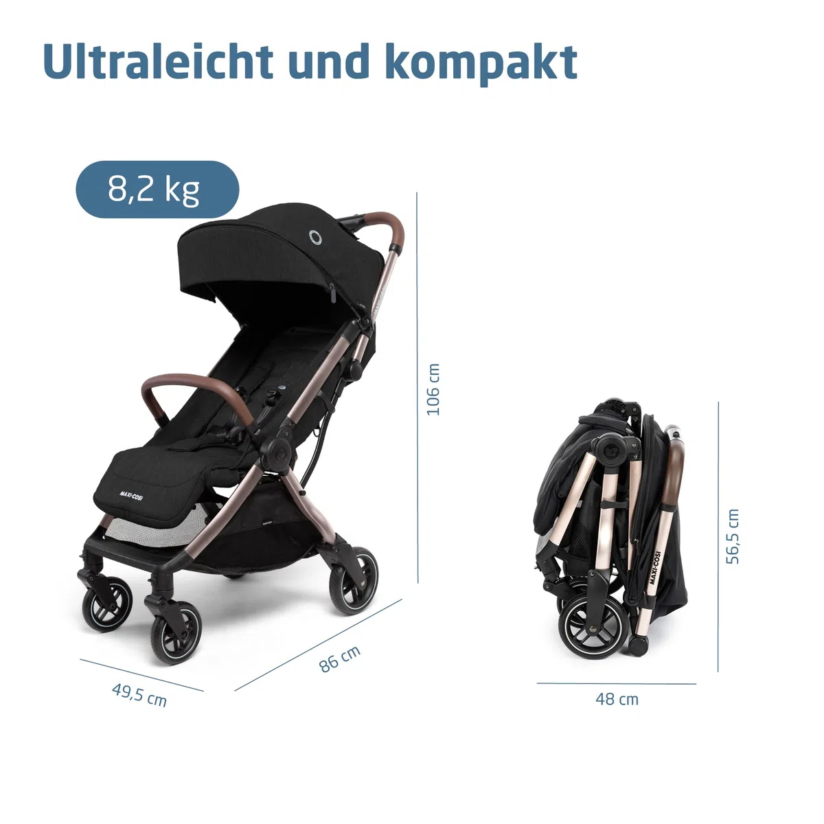 Maxi-Cosi Eva3 Kinderwagen 0–4 Jahre 0–22 kg Leicht Kompakt Flache Liegeposition 3 Liegepositionen Automatisch mit 1 Hand klappbar Essential Black Champagne