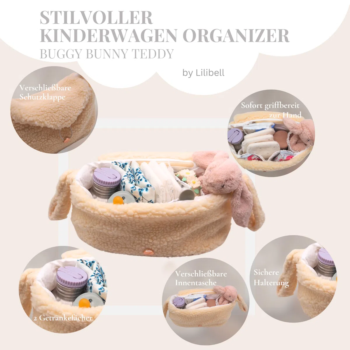 Buggy Kinderwagen Organizer mit Isolierte Getränkehalter, Universal Stylisch & Praktisch Kinderwagen tasche, waschbar Baby Wickeltasche für Kinderwagen, Bunny Bunny (Teddy Beige)