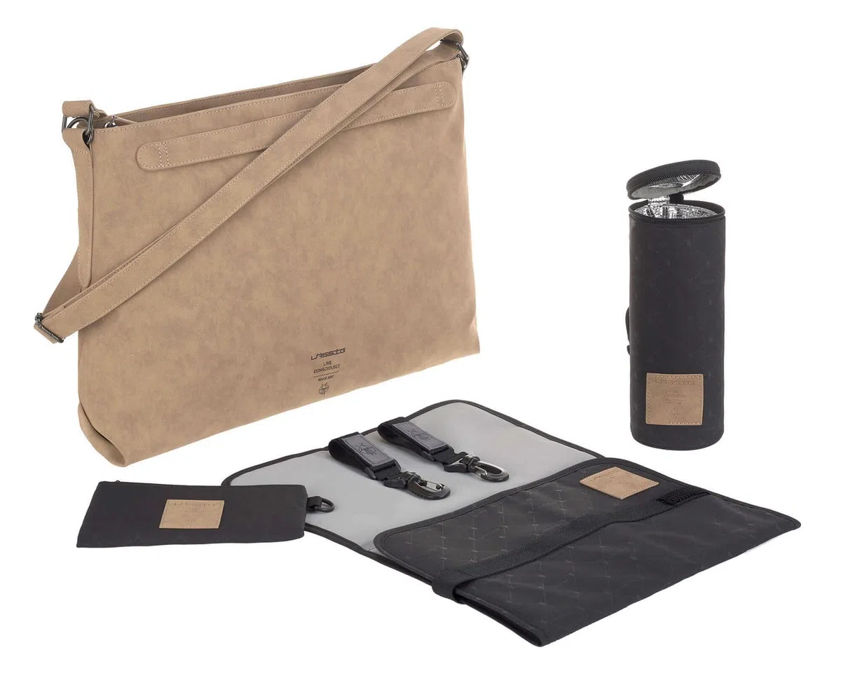 LÄSSIG Baby Wickeltasche Umhängetasche mit Zubehör veganes Leder/Tender Shoulder Bag camel