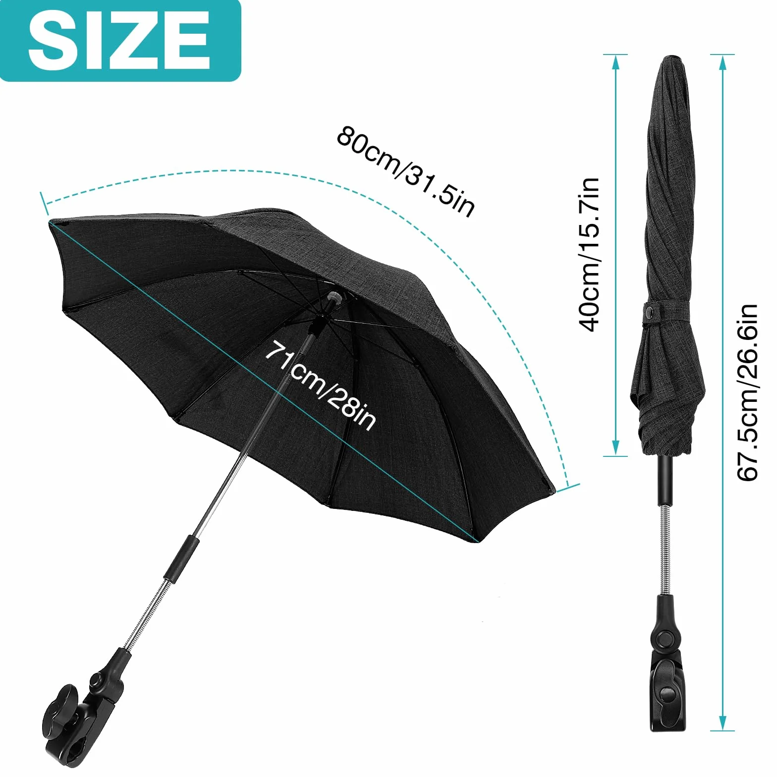 Universal Sonnenschirm für Kinderwagen UV Schutz, UPF50+, Y10 Sonnenschutz Regenschirm für Kinderwagen und Buggy, 71 cm Durchmesser, Universalhalterung für Rund- und Ovalrohre