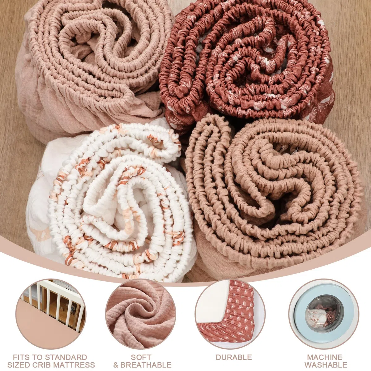 Mindsoft 4-teiliges Musselin-Spannbettlaken-Set für Jungen und Mädchen, Spannbettlaken für Kinderbetten für Standard- und Kleinkindermatratze, weiche und atmungsaktive Baumwolle, Baby-Bettlaken, 71,1