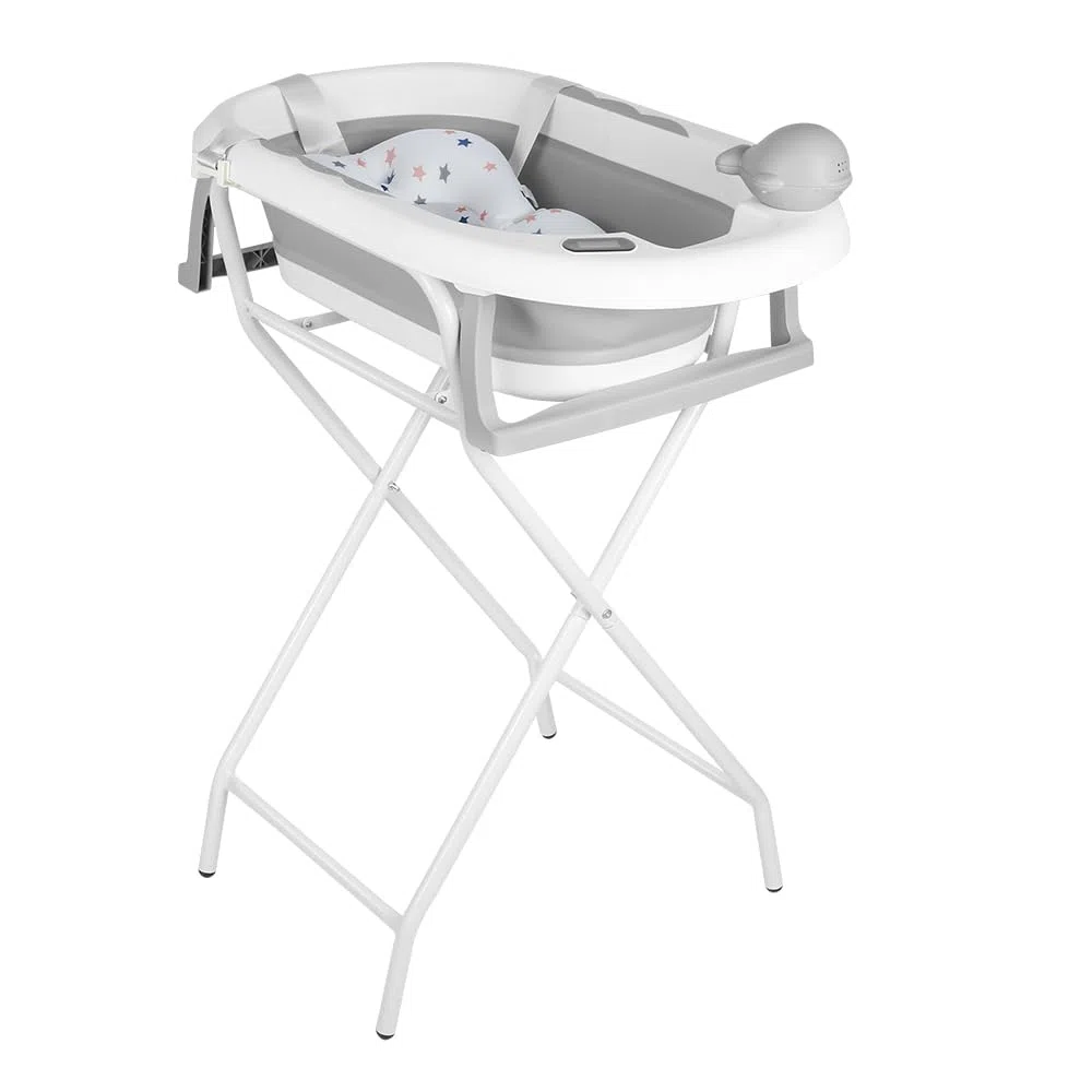 Faltbare Babybadewanne mit Standfuß – Große Badewanne XL mit Ständer/Sitz und Drainage-Set – Babywanne von Geburt bis 3 Jahre – Babygeschenk – (Stil 5) 81,5 x 48 x 21 cm – Grau