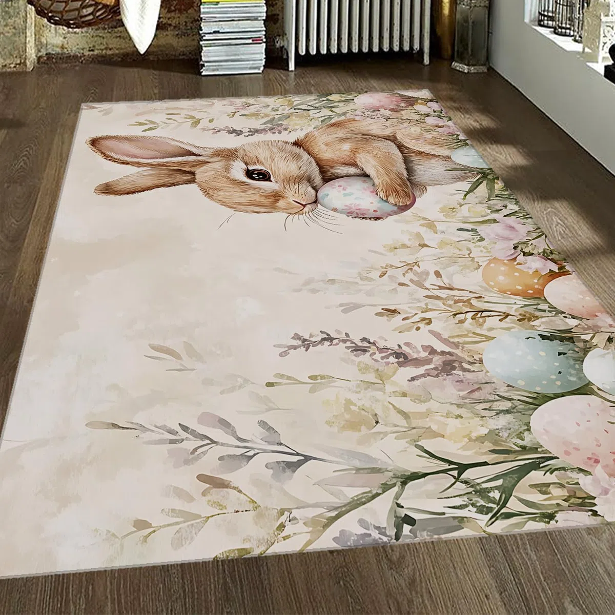 Osterhasen Teppich 140x200cm Aquarell Haseneier Blumen niedrig florierter Teppich für Wohnzimmer Kinderzimmer Schlafzimmer Frühling ästhetische Dekoration des Hauses