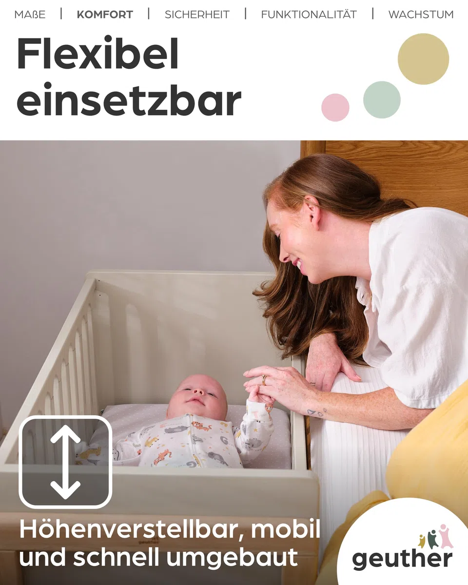 Geuther 4-in-1 Beistellbett Baby Hato, Baby Erstausstattung für Babyzimmer ab Geburt I Babybett mit Rollen, Gitterbett umbaubar als Kinderbett, Sitzbank oder Kindertisch I Buchenholz, Natur-Beige