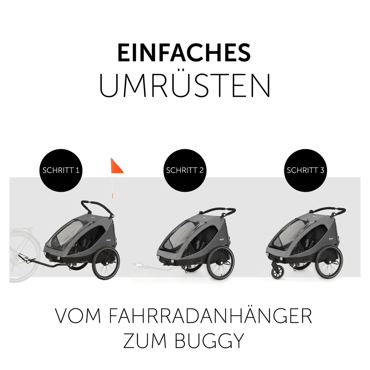 hauck 2in1 Fahrradanhänger Dryk Duo Set inkl. Baby Lounger | Zwillingsanhänger und Kinderwagen für 2 Kinder | faltbar & gefedert, XL Luftreifen