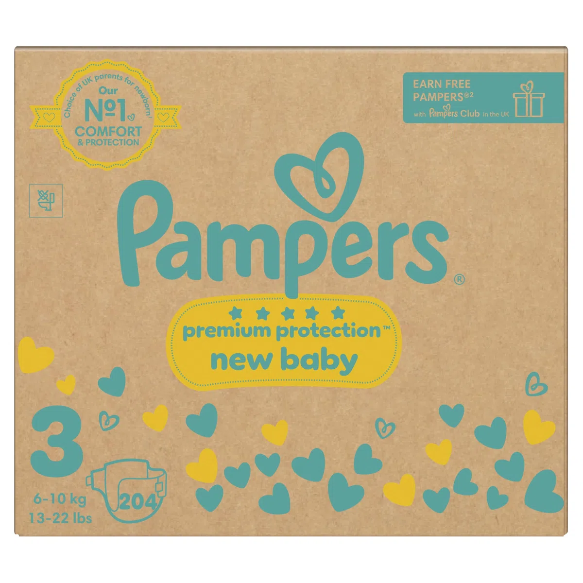 Pampers Premium Protection New Baby Größe 3, 204 Windeln, 6 kg-10 kg, Monatspackung + Pampers Harmonie Aqua-Baby-Feuchttücher, 1 Packung mit 10 Tüchern