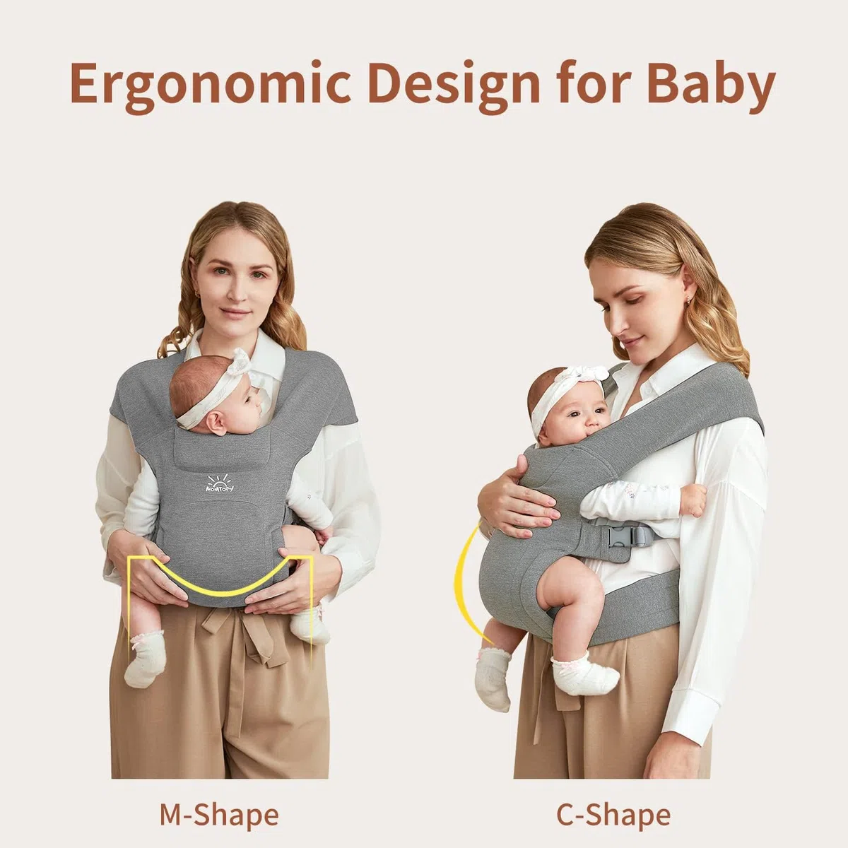 Babytrage für Neugeborene ab Geburt, MOMTORY Komfortabler Hüftsitz für Baby(3-12kg), Ergonomischer Tragetuch Neugeborenes bis Kleinkind mit Klettverschluss, Leicht Verstellbare Hüfttrage - Hellgrau