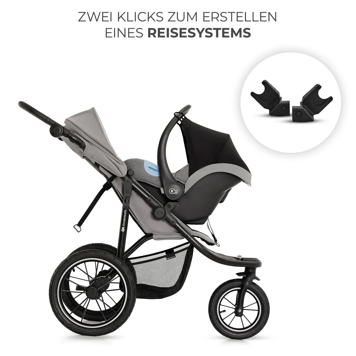 Kinderkraft HELSI 2 Buggy bis 27 kg, ab Geburt, große Luftreifen, Liegefunktion, verstellbarer Griff, zusammenklappbar, Untersitzkorb, Grau