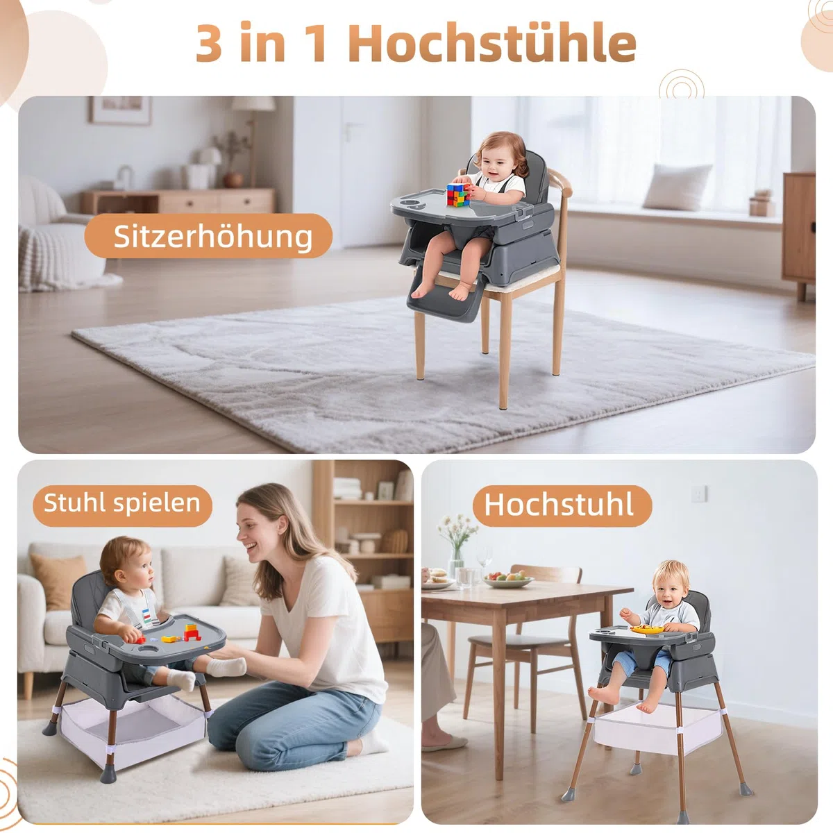 Hochstuhl Baby, Verstellbare Umwandelbare 3 in 1 Kinderhochstuhl, Tragbare Kompakte Baby Kleinkind Fütterung Stuhl Reise Hochstuhl Booster für Kleinkind, von 6 Monaten bis 3 Jahren (dunkelgrau)
