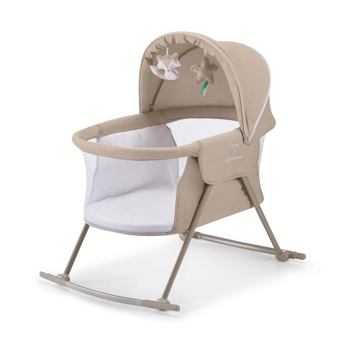 kk Kinderkraft Kinderkraft Kinderbett 3 in 1 lOVI, Kinderreisebett, Stubenwagen, Babywiege, Baby Wippe, Zusammenklappbar, Einfach Transport, mit Zubehör, Tasche, Moskitonetz,von Geburt bis 9 kg, Beige
