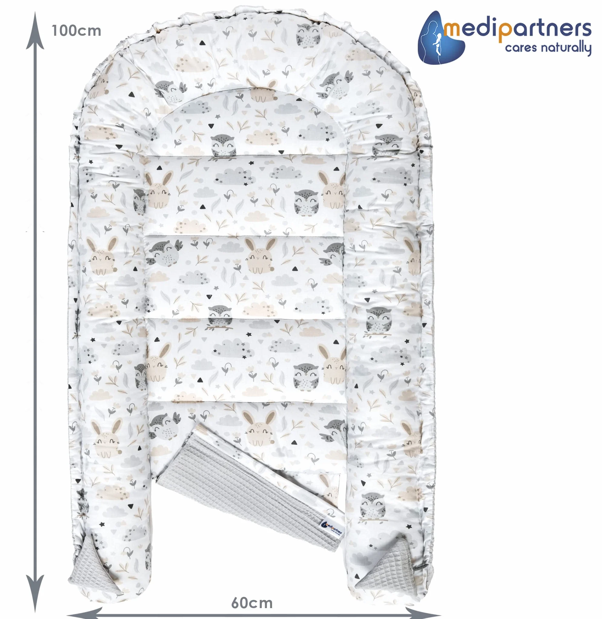 Medi Partners Babynest Nestchen für Neugeborene - 100x60x15 Babynestchen Baby zweiseitg Nest Bett 100% Baumwolle Waffel Kuschelnest tragbar (Lichtung mit Grauer Waffel)