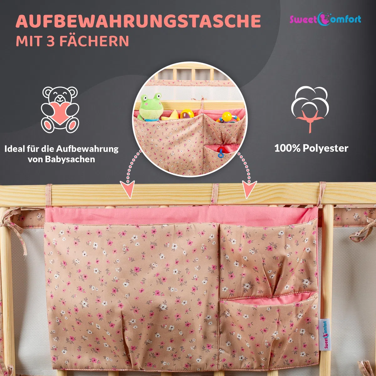 SweetComfort Babybettumrandung: Atmungsaktiv mit Aufbewahrungstasche - Passend für Babybetten 60x120 und 70x140 cm - Blumiges Rosa - Verstellbare Klettverschlüsse - für 3- bis 4-seitige Gitterbetten