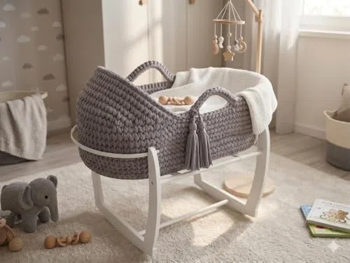 Generisch CHILDSMOOD Babybett, Babywiege Moseskorb Beistellbett Set | Handgefertigt, inklusive Matratze und Gestell