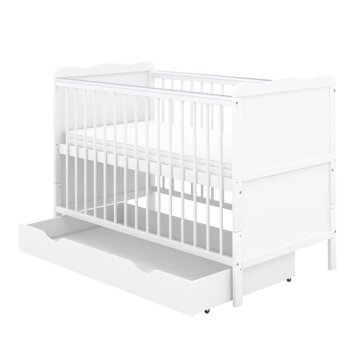 Babybett Kinderbett Juniorbett Jack 70x140 Weiß umbaubar mit Schublade Matratze und Beißschienen