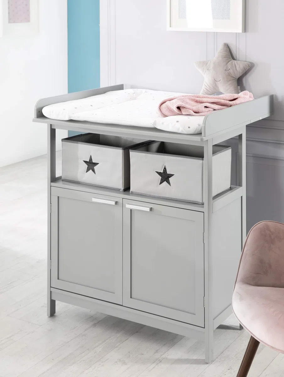 roba Babyzimmer Set 2 teilig - Wickelkommode Hamburg 2-türig mit Wickeltisch abnehmbar + Babybett 60 x 120 cm mit Funktion als Beistellbett - Holz grau