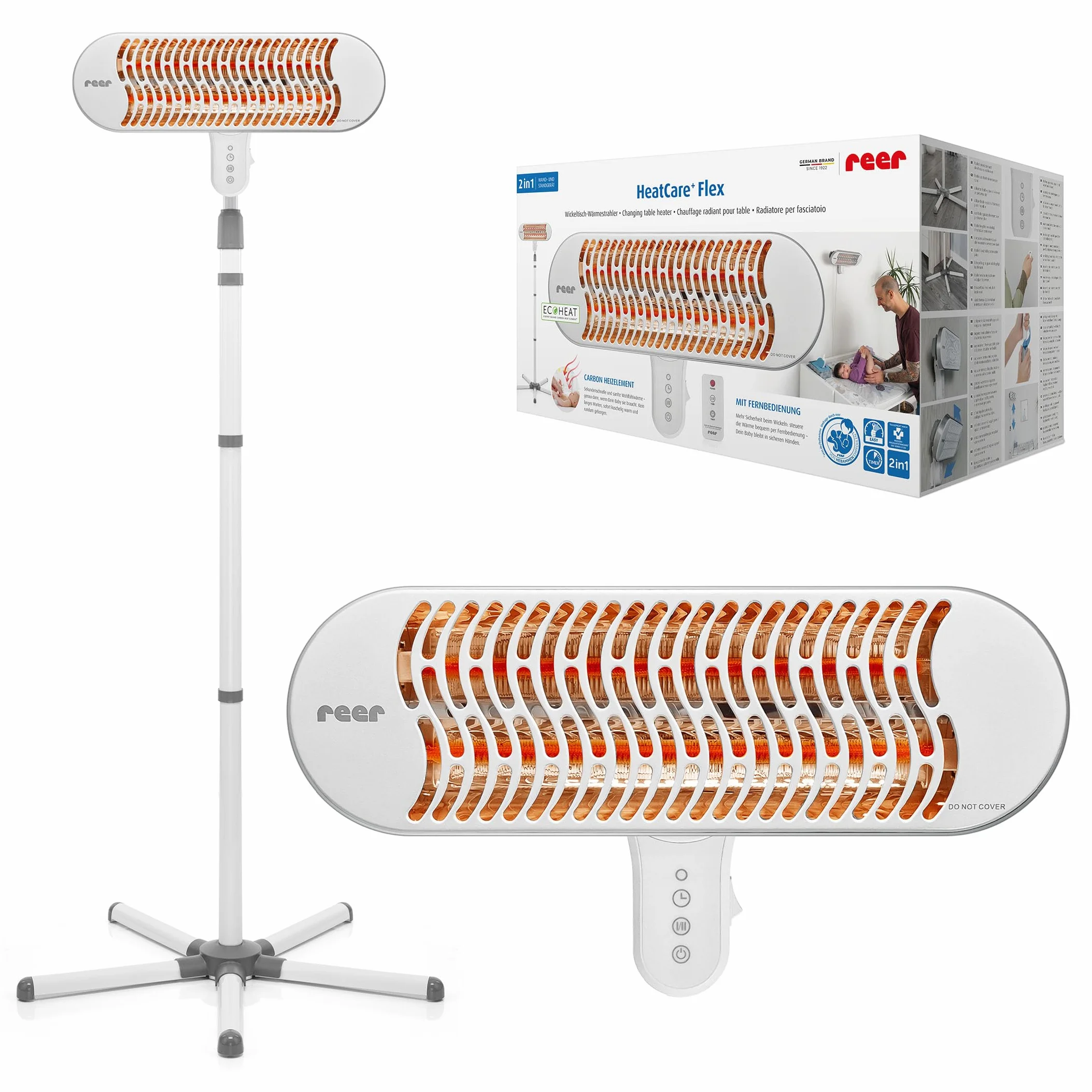 reer HeatCare+ Flex Wickeltisch-Wärmestrahler | EcoHeat Carbon Heizelement | Infrarot-Heizstrahler mit Standfuß & neigbarem Kopf | Wärmespender für Babys | Energiesparend | 2in1 Wand- oder Standgerät