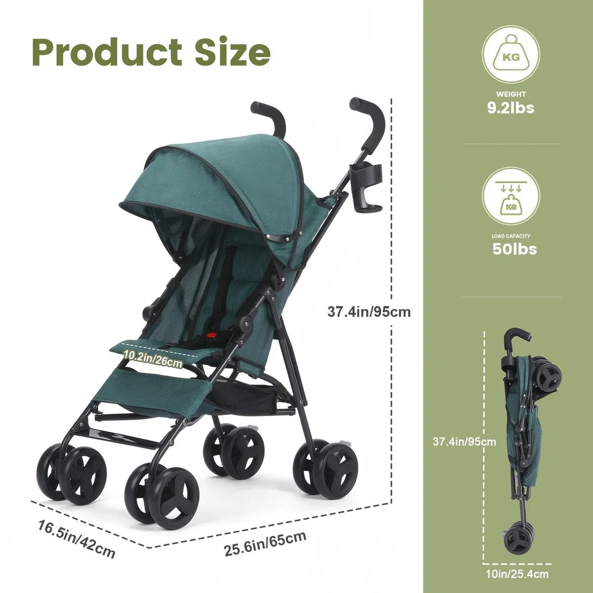 Faltbar Regenschirm Kinder-Buggy Kinderwagen, Leicht Regulierbarer 5-Punkt-Sicherheitsgurt, Zusammenklappen mit einer Hand, großes Verdeck, Robuster alle 4 Räder gedämpft, Einkaufskorb (Dunkelgrün)