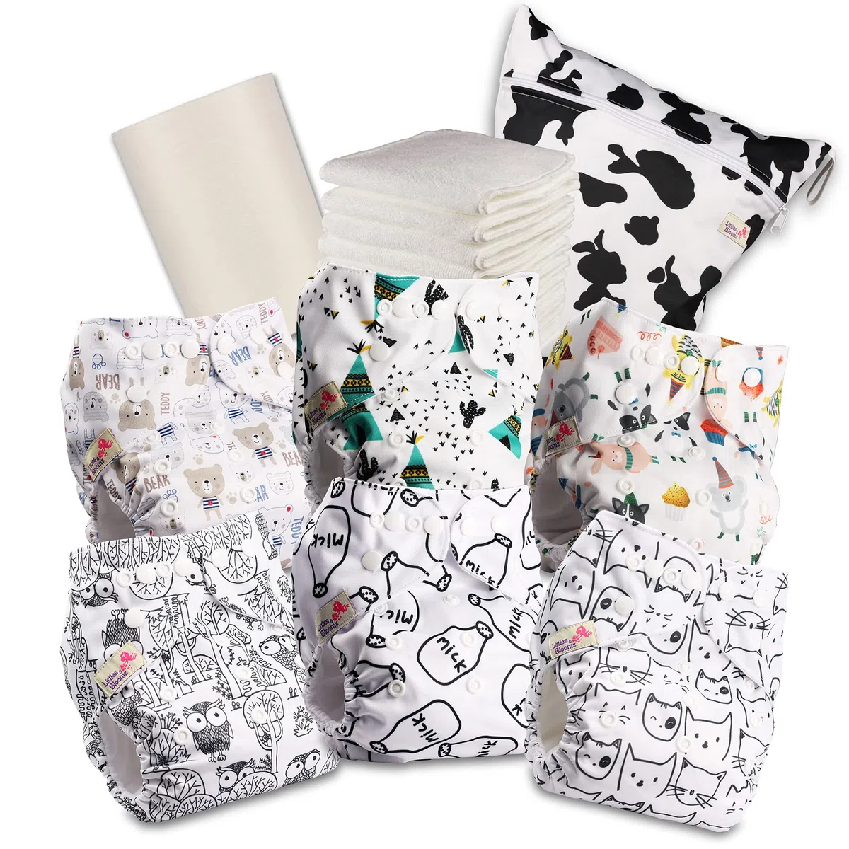 Littles & Bloomz Stoffwindeln – Pocket Stoffwindel mit Druckknöpfen, 6 Windeln + 6 Mikrofaser Einlagen, Bambusvlies & Nasstasche, 603PM6