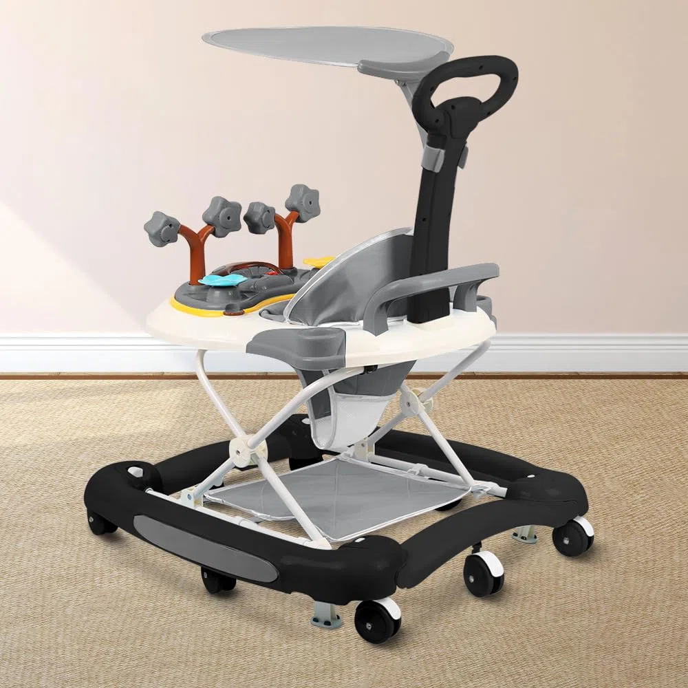 5-in-1 Lauflernhilfe für Babys, 5 Höhenverstellung und Klappbar, Gehfrei Babywalker ab 6 Monate, bis zu 20 kg mit Fußmatte+Schub+Sonnenschutz (Schwarz)