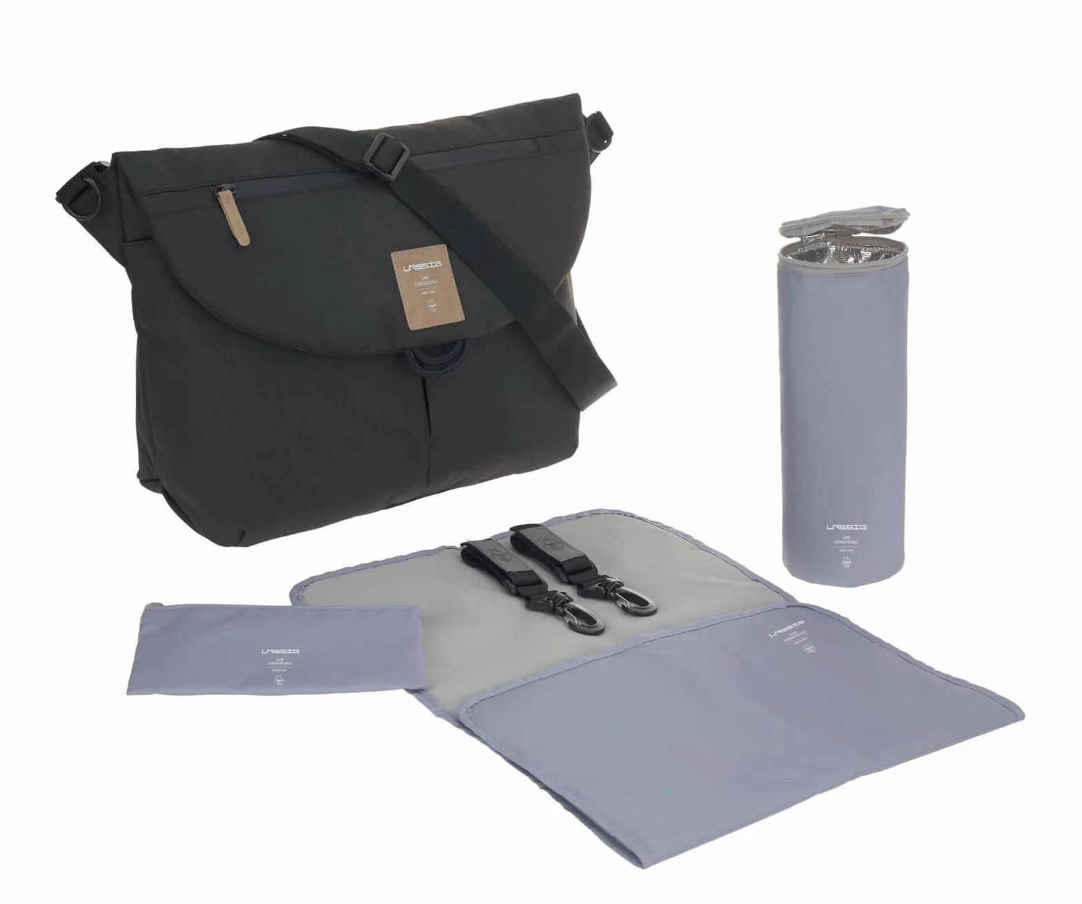 LÄSSIG Baby Wickeltasche inkl. Accessoires/Green Label Manu Messenger Bag black