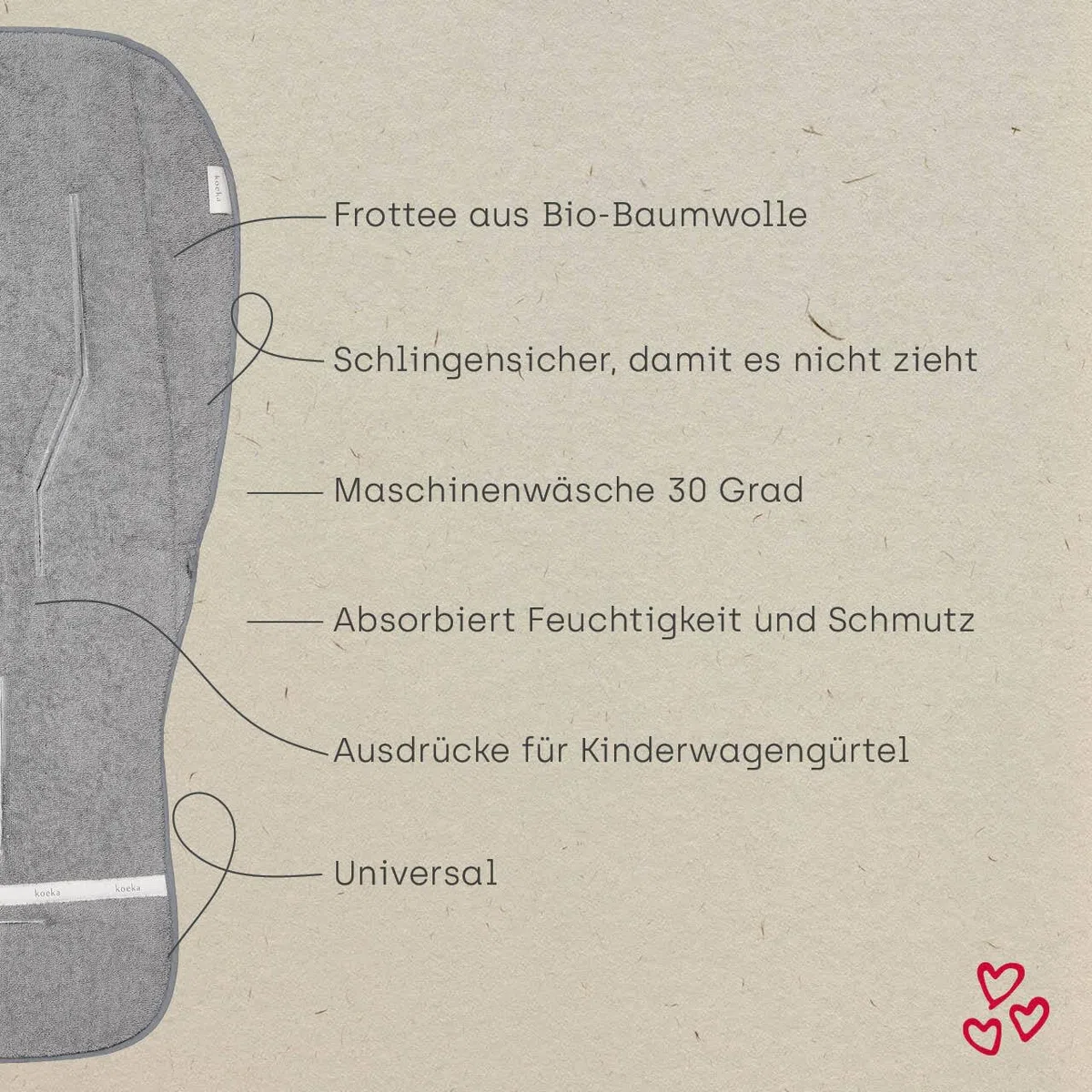 Koeka Sitzauflage Buggy - Universal - Buggy Einlage Sommer - Kinderwagen Sitzeinlage - Atmungsaktiv - Dijon - Frottee Aus Bio-baumwolle - Grau - Einheitsgroße