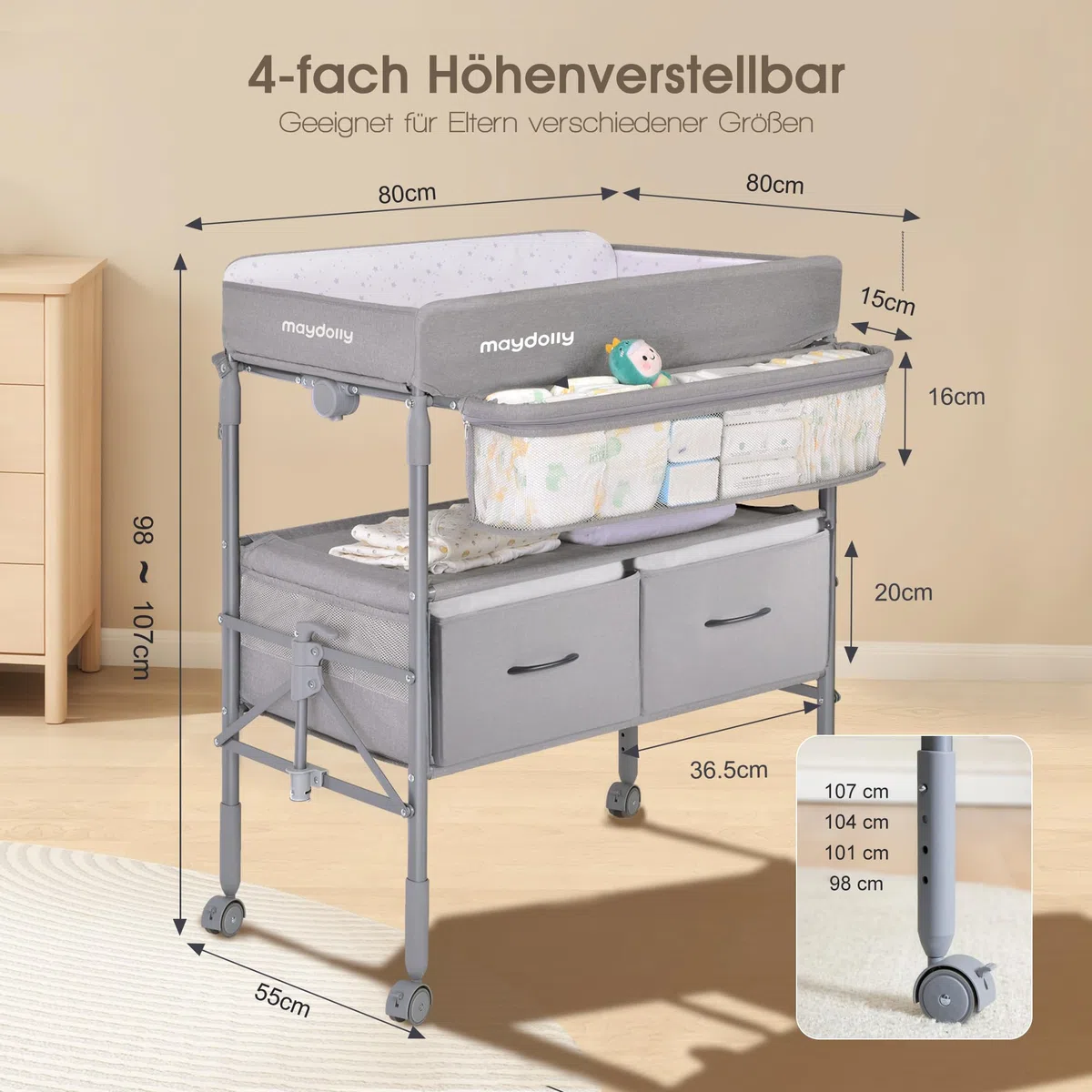 Maydolly Tragbarer Wickeltisch für Babys, Höhenverstellbar mit Rädern, Wasserdichtes Sitzkissen, Grau