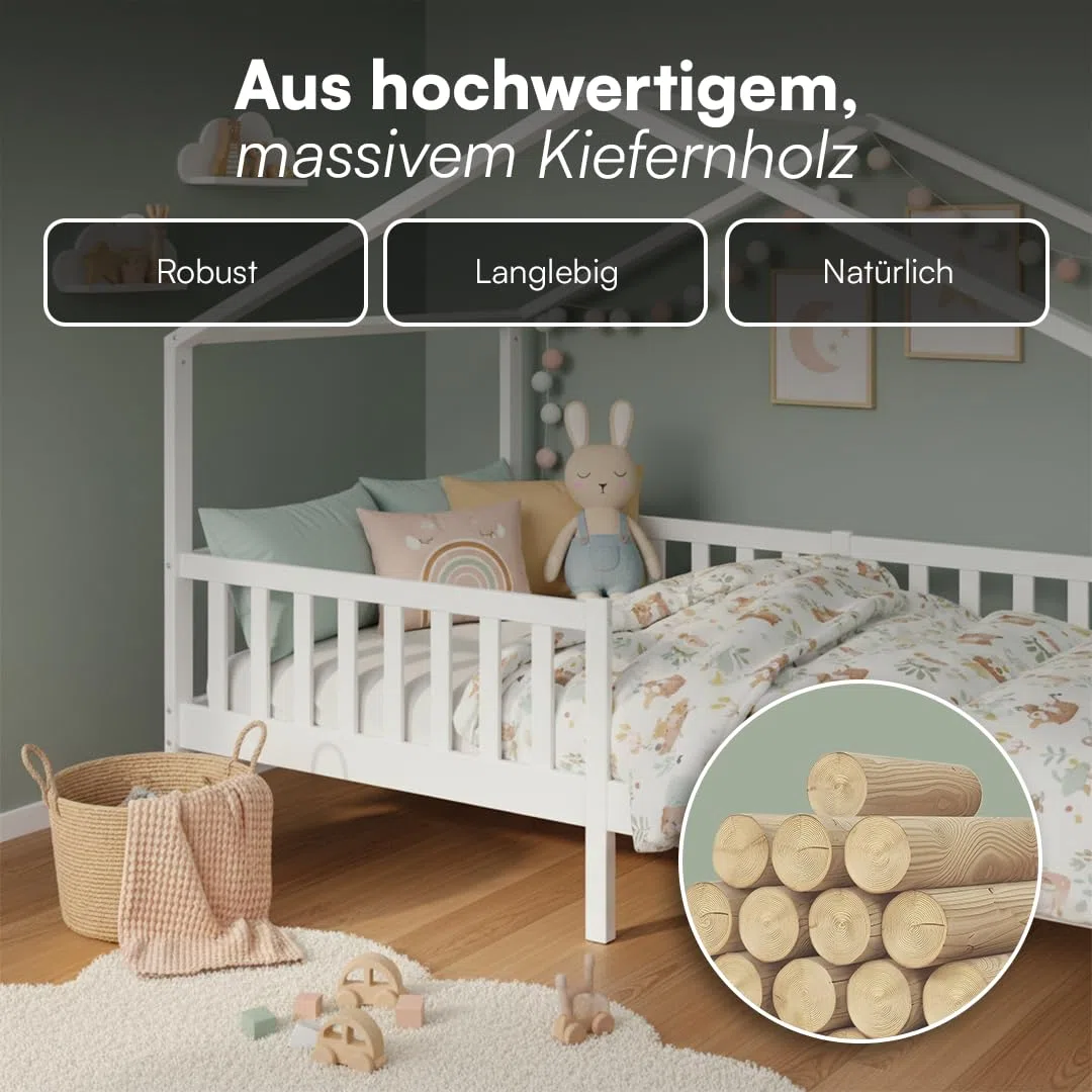 Bellabino Bia Kinderbett 90x200 cm – Hausbett mit Rausfallschutz & Lattenrost – Montessori Kinder Bett aus Massivholz Kiefer – Kinderhausbett für Jungen und Mädchen in Weiß
