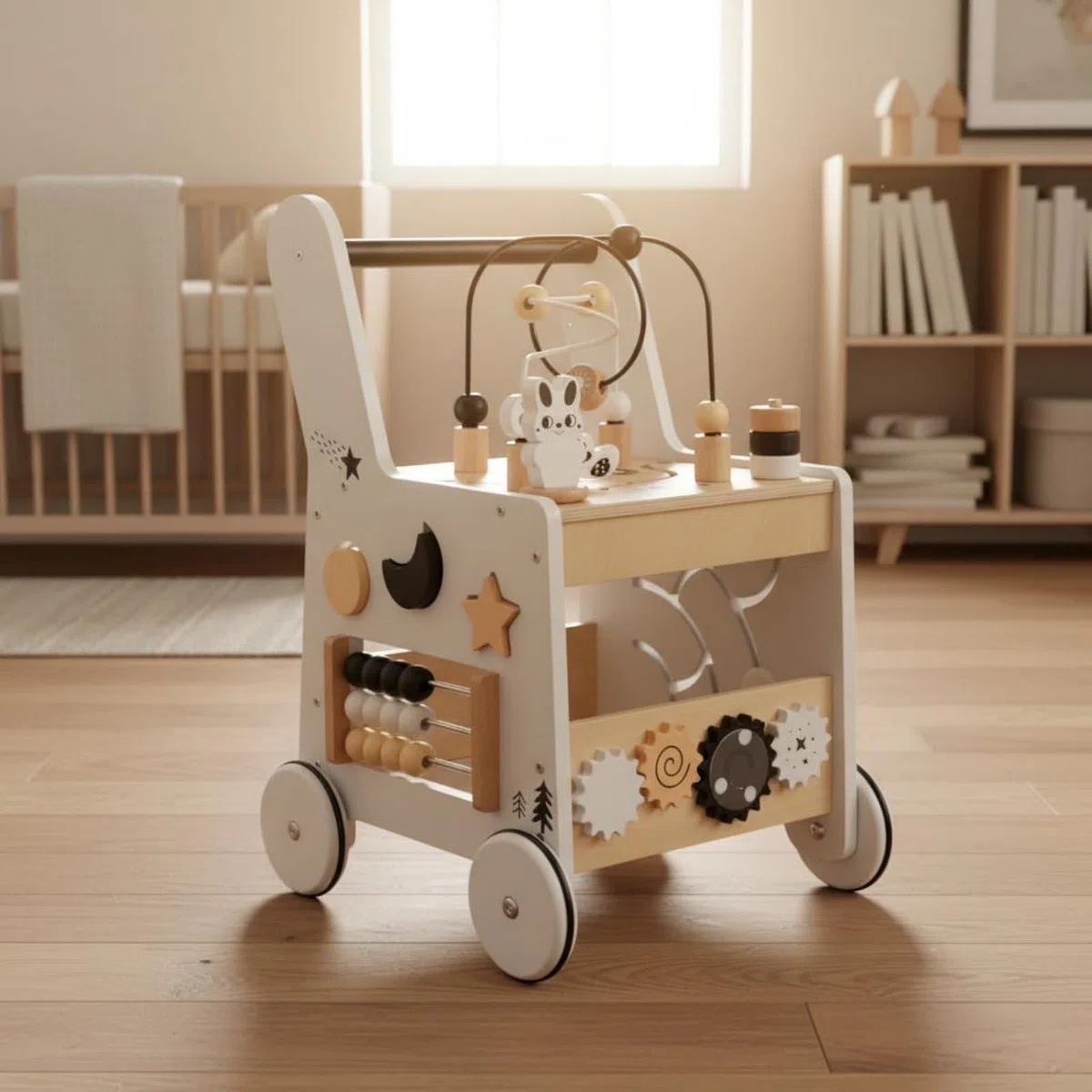 Lernwagen Kinder Lauflernwagen Aktivitätswagen Spielwagen Holz Lernspielzeug Motorikbrett mit Griff Stabile Räder Formensortierer Texturen Förderung