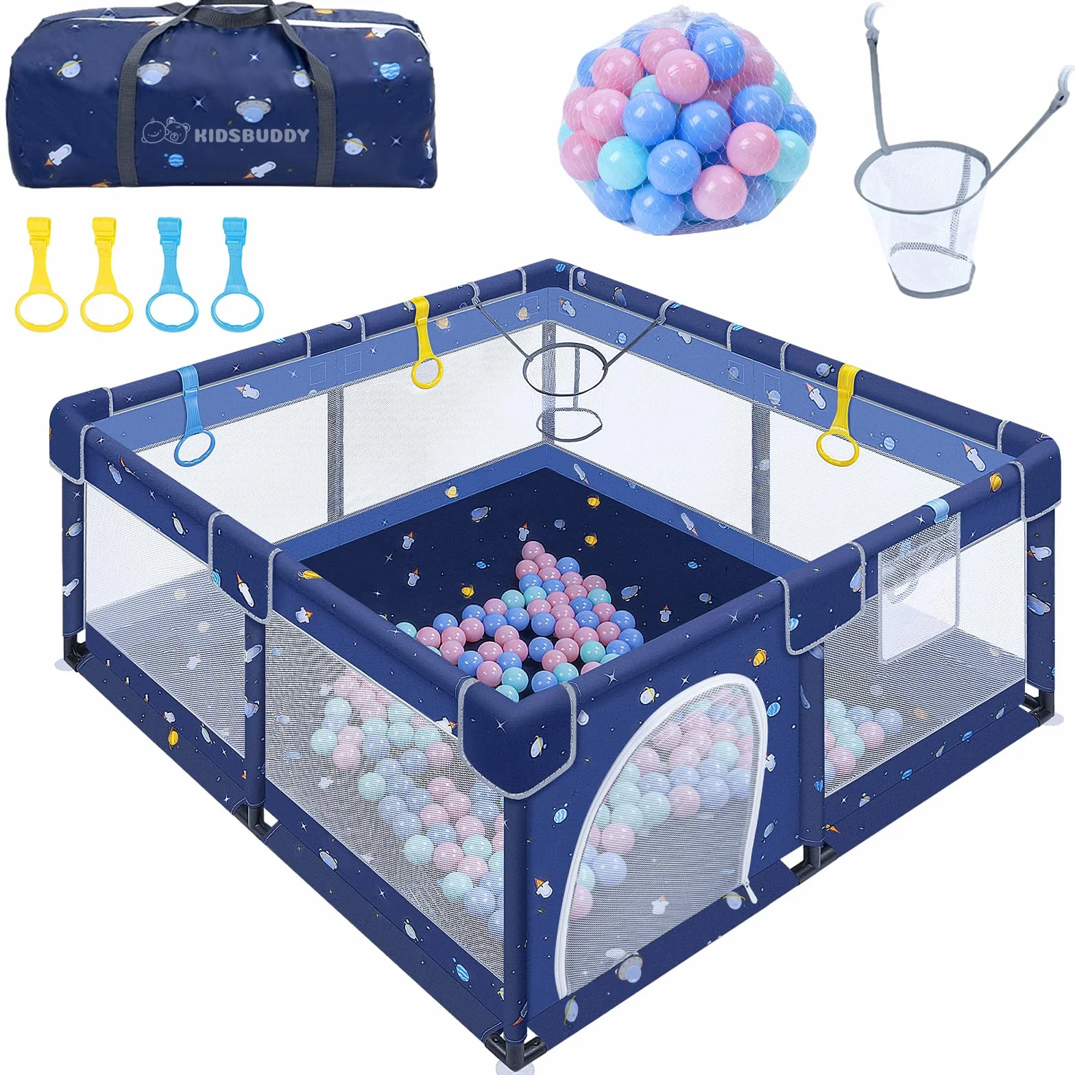 Laufstall Baby 130 x 130 x 66 cm, Laufgitter Baby, Laufstall mit Zugringen, Bällen, Atmungsaktivem Netz, Rutschfestem Boden, Sicherheitsspielplatz Schutzgitter für Kinder (Cartoon,130CM)