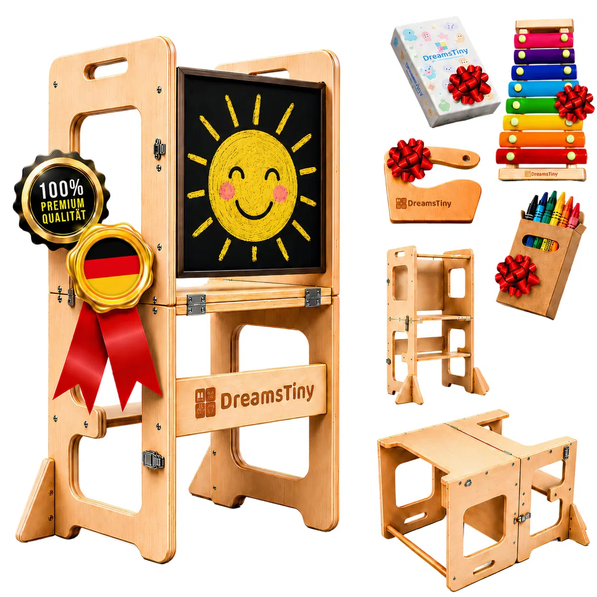 Lernturm ab 1 Jahr Klappbar 3-in-1, Lernturm mit Rausfallschutz | Inklusive Xylophon, Malbuch, Buntstiftbox, Schneidewerkzeug und Montageset, Lernturm Klappbar, Montessori Learning Tower