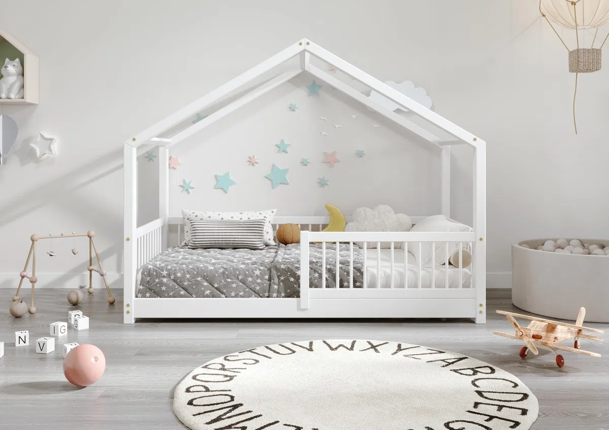 TIMBEE MURLO - Kinderbett Holz - Hausförmig mit Sprossen - Solide Konstruktion aus Naturholz - Langlebig und elegant - Weiß - 90x180cm - 3cm Lange Beine