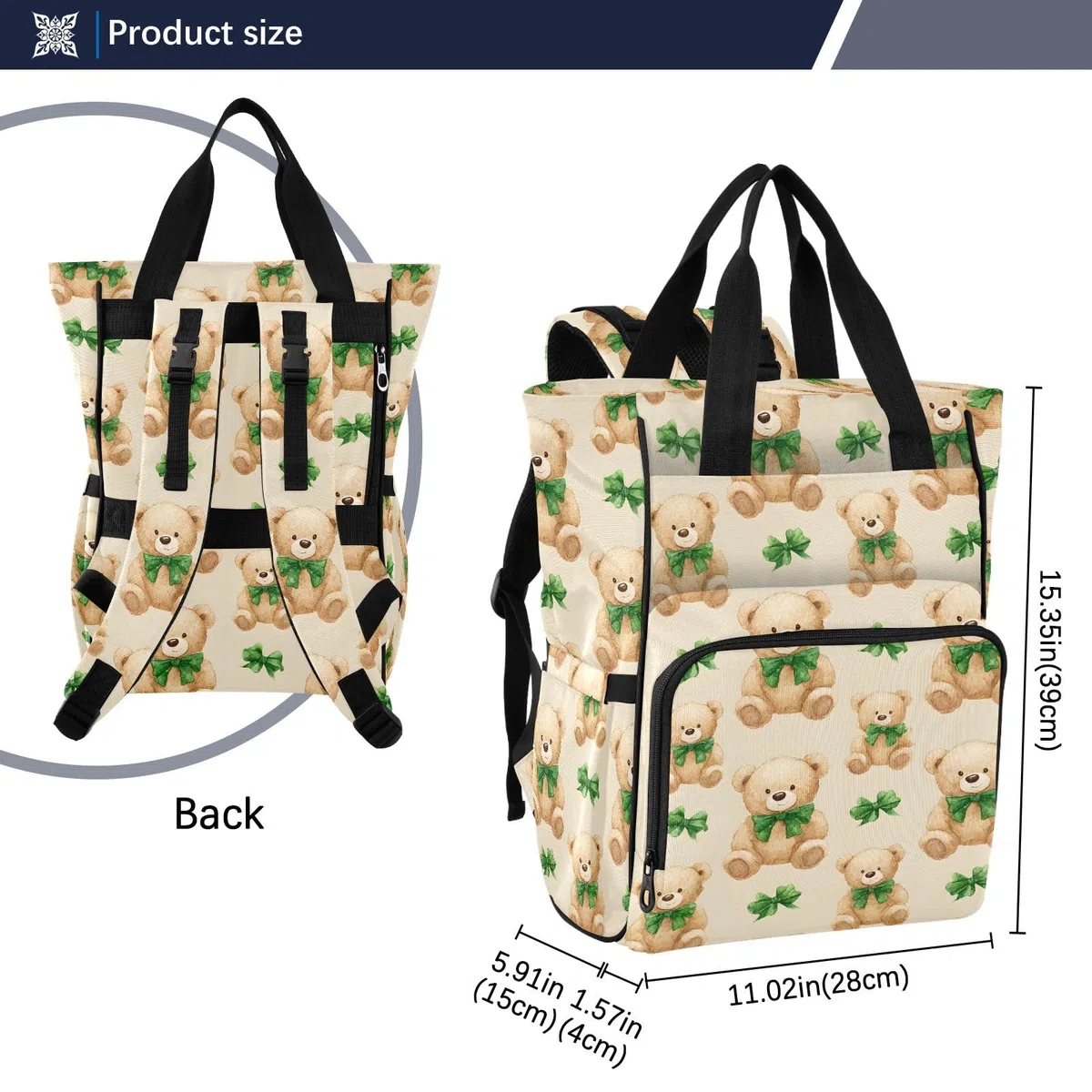 Mnsruu Baby-Wickeltasche mit Schleife, Teddybär-Muster, große Tasche, wasserdicht, Reise-Wickeltaschen für Mütter und Väter