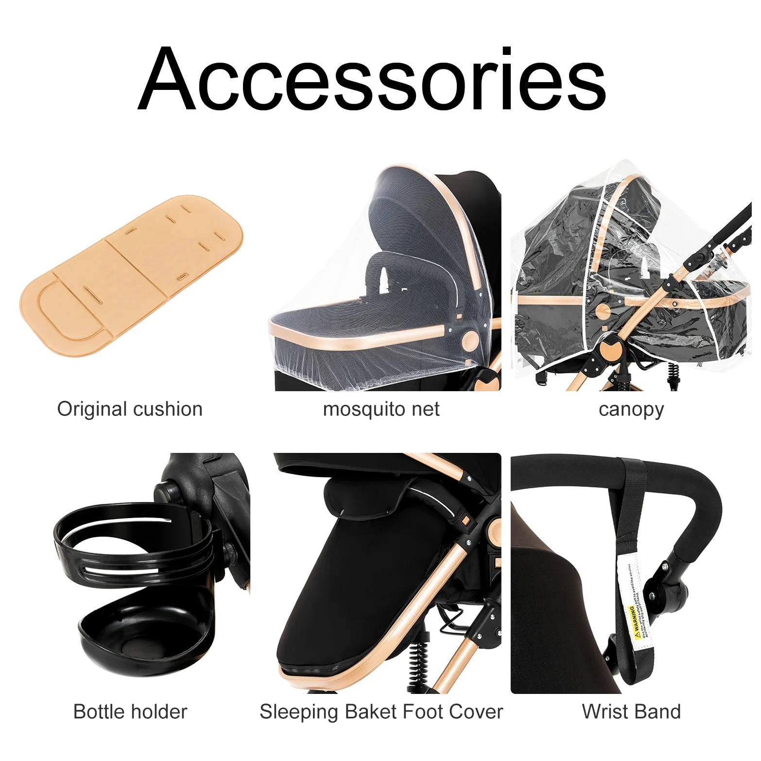 MoLi Kinderwagen 3 in 1, Kinderwagen mit Umkehrbarem Doppelschiebemodus, Buggy mit Großer Bequemer Babywanne, Kombikinderwagen 3 in 1 Rahmen Aluminiumlegierung Faltbar Hohe Landschaft (588 Black Gold)