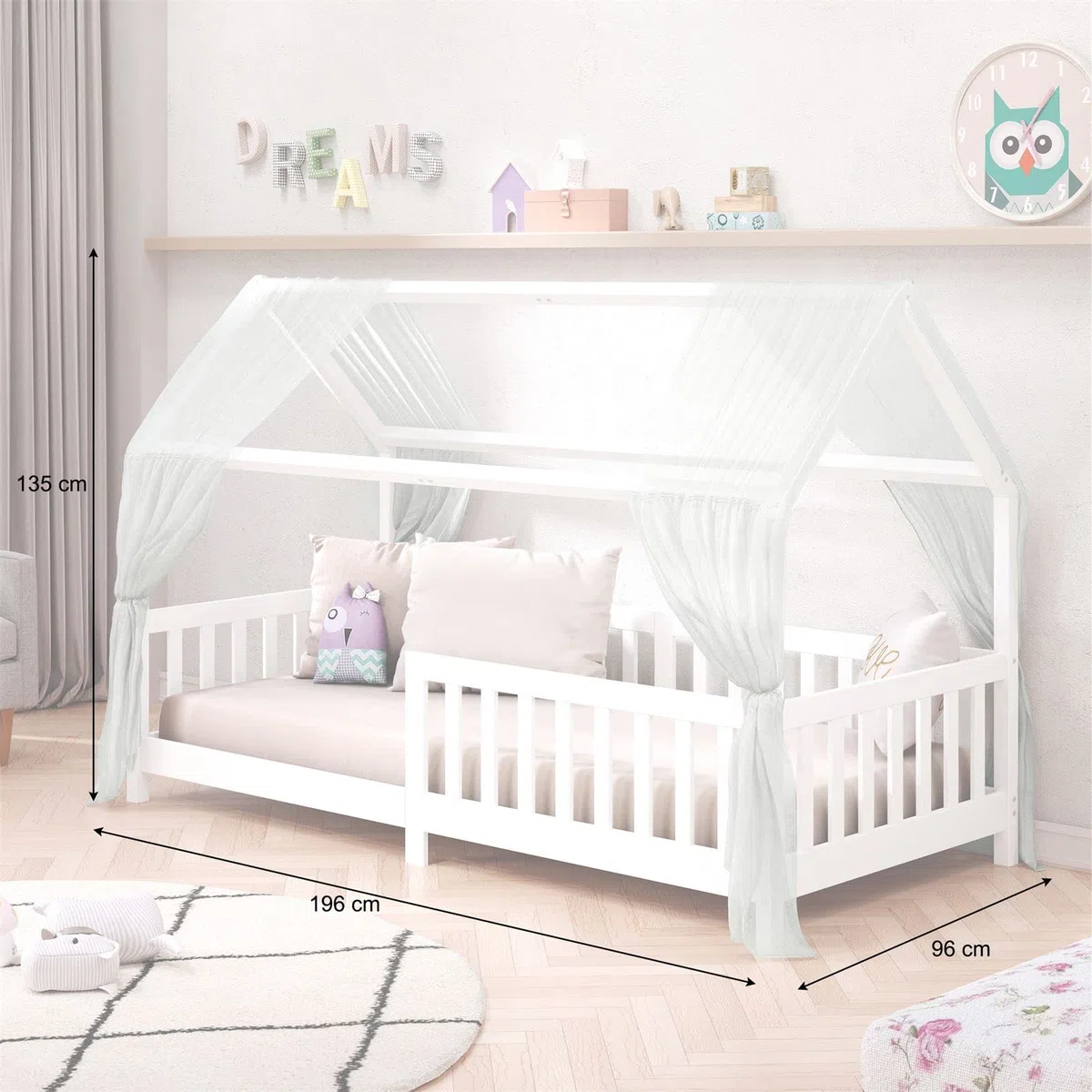IDIMEX Hausbett NINA, Kinderbett mit Rausfallschutz 90x200, Massivholz Weiß