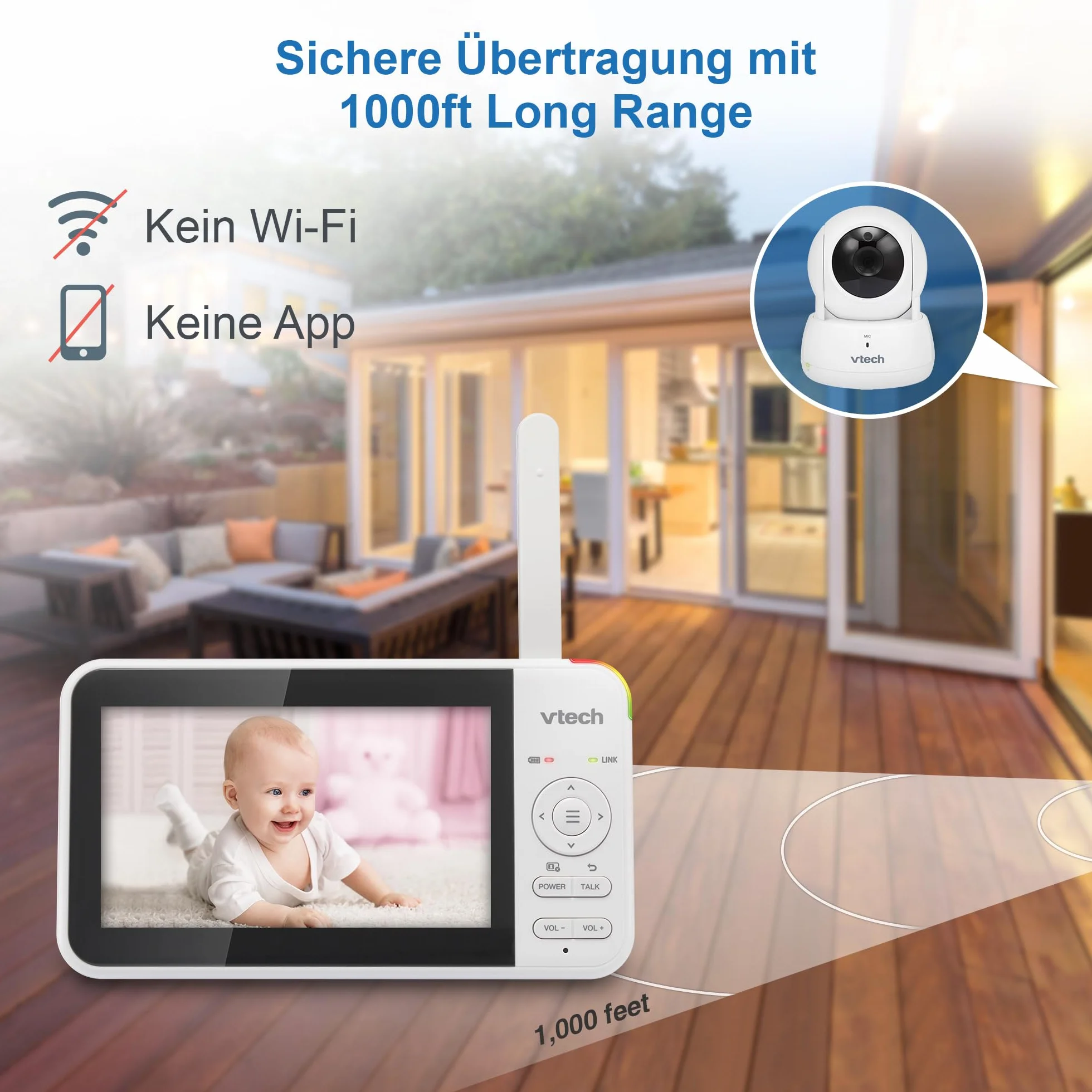 VTech VM924 Video Babymonitor mit Kamera, 5" LCD-Display, Lange Akkulaufzeit, Nachtsicht, 300 Meter Reichweite, Pan&Tilt&Zoom, Lullaby, Beruhigende Geräusche, Temperatursensor