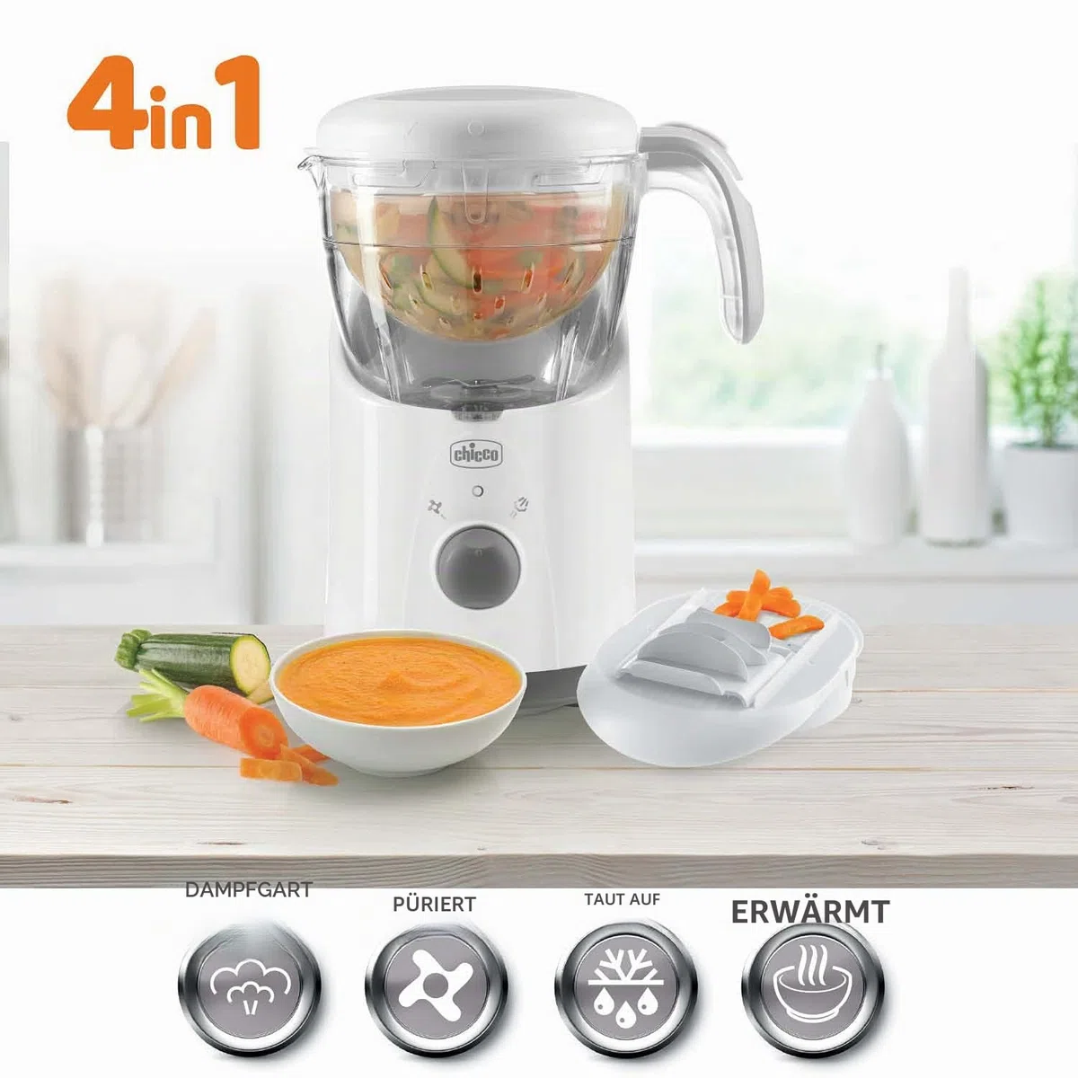 Chicco Easy Meal Mahlzeitenkocher, Multifunktions Babynahrungszubereiter mit Dampfgaren, Mixer und Speisenwärmer