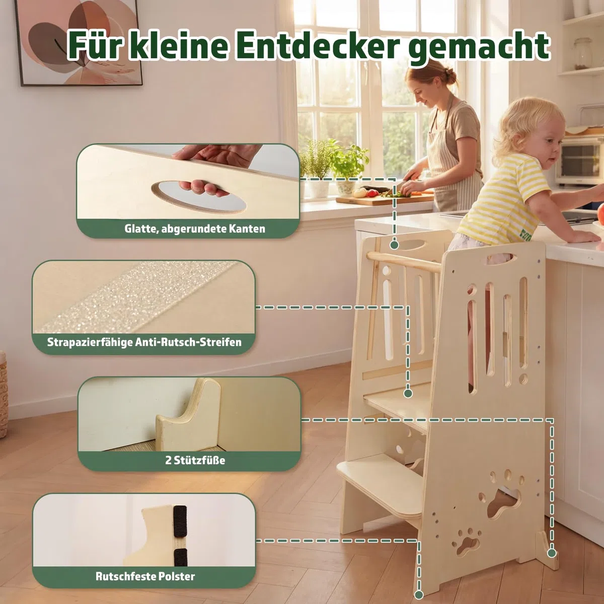 Kleinkind Tritthocker Kinderhocker, Höhenverstellbar (Naturfarbe) | Sicher & Stabiler Toddler Tower & Lernhocker ab 1 Jahr | Mit Sicherheitsbarriere, Kippschutz & Höhenverstellbar