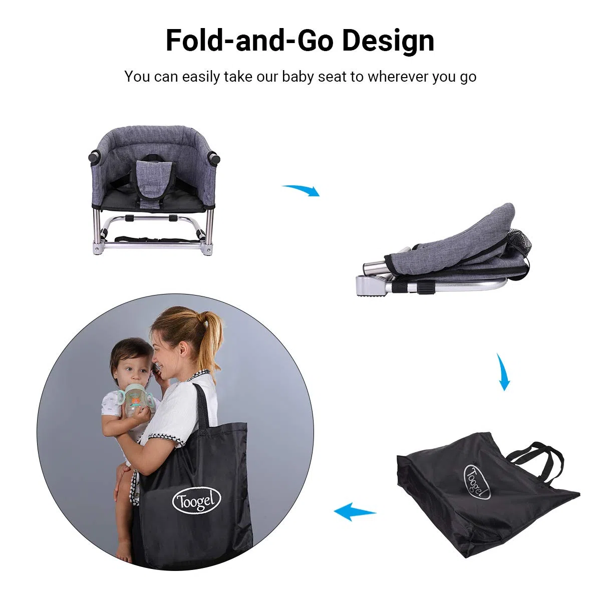 Toogel Sitzerhöhung Stuhl, Boostersitz Baby, Tragbarer Baby Hochstuhl Faltbar Kindersitz für Kinder 6-36 Monaten mit Sicherheitsgurt, 3 Höhen, Transporttasche für Zuhause und Unterwegs (Grau)