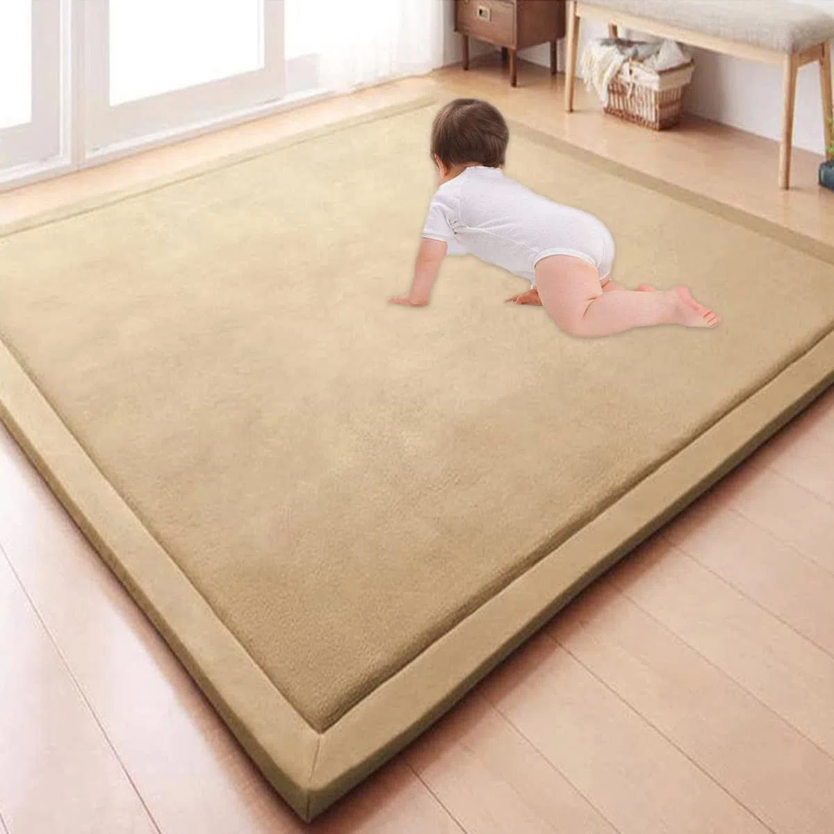 GGoty Großer Teppich, Korallensamt, Baby-Spielmatte, dick, für Kinder, Arbeitszimmer, Küche, Kinderzimmer, Krabbelmatte für Babys, rutschfeste Yogamatte (120 x 150 x 2 cm, Khaki)