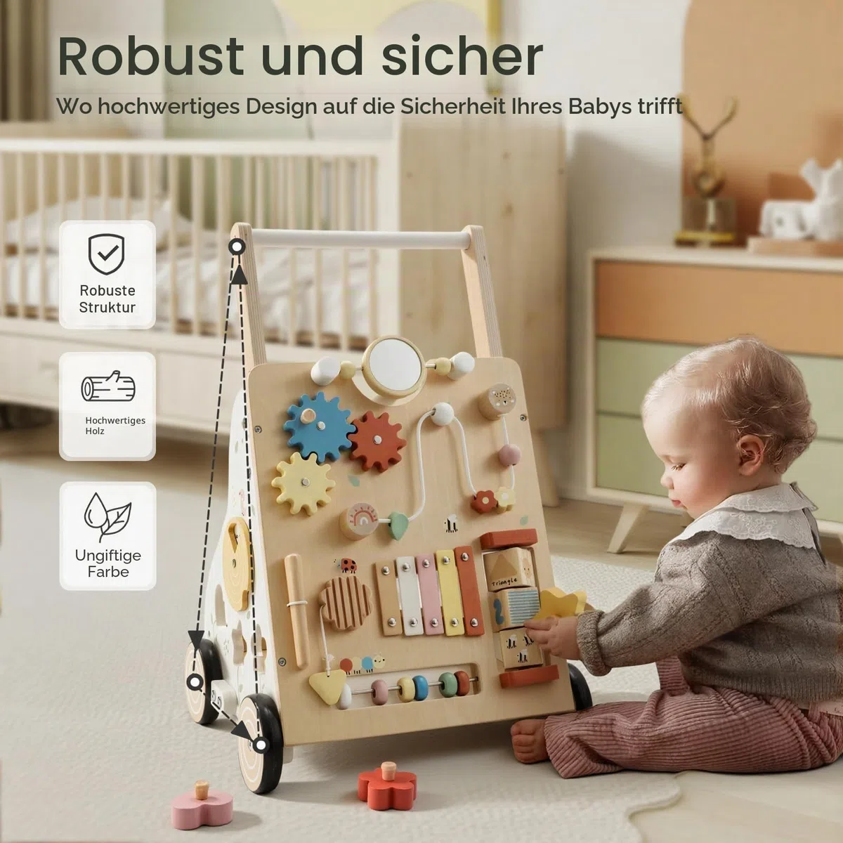 Labebe Baby Lauflernwagen Holz – Lauflernhilfe mit einstellbarer Geschwindigkeit und Höhe, Montessori Schiebespielzeug für Jungen und Mädchen ab 12 Monaten