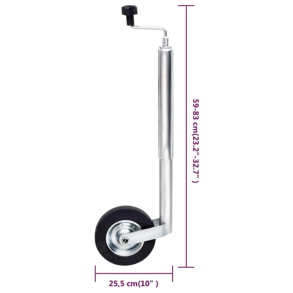 Stützrad für Anhänger 48 mm aus verzinktem Stahl, höhenverstellbar von 59 bis 83 cm, mit Vollgummirad zur einfachen Bewegung des Anhängers und Montageanleitung.