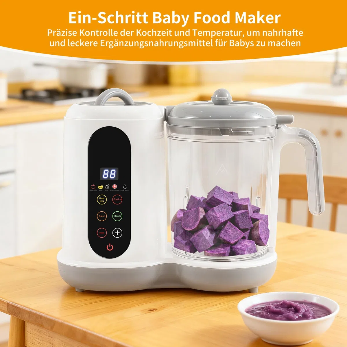 Babynahrungszubereiter, 400ML Baby Food Maker, Babybrei Zubereiter, Dampfgarer Mixen, mit voreingestellten Modi 4 Menüs, automatisches Kochen und Mahlen, Selbstreinigung, Touchscreen-Steuerung