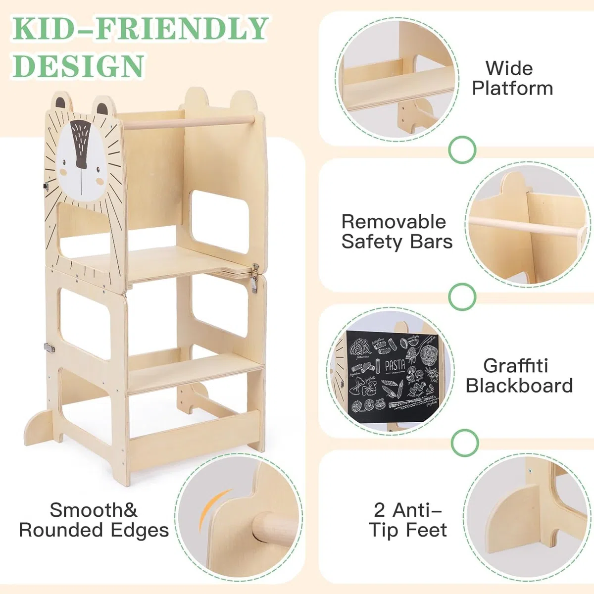 labebe Lernturm für Kinder, Montessori Multifunktion 3 in 1 Lernturm, Höchste Sicherheit Faltbarer Learning Tower