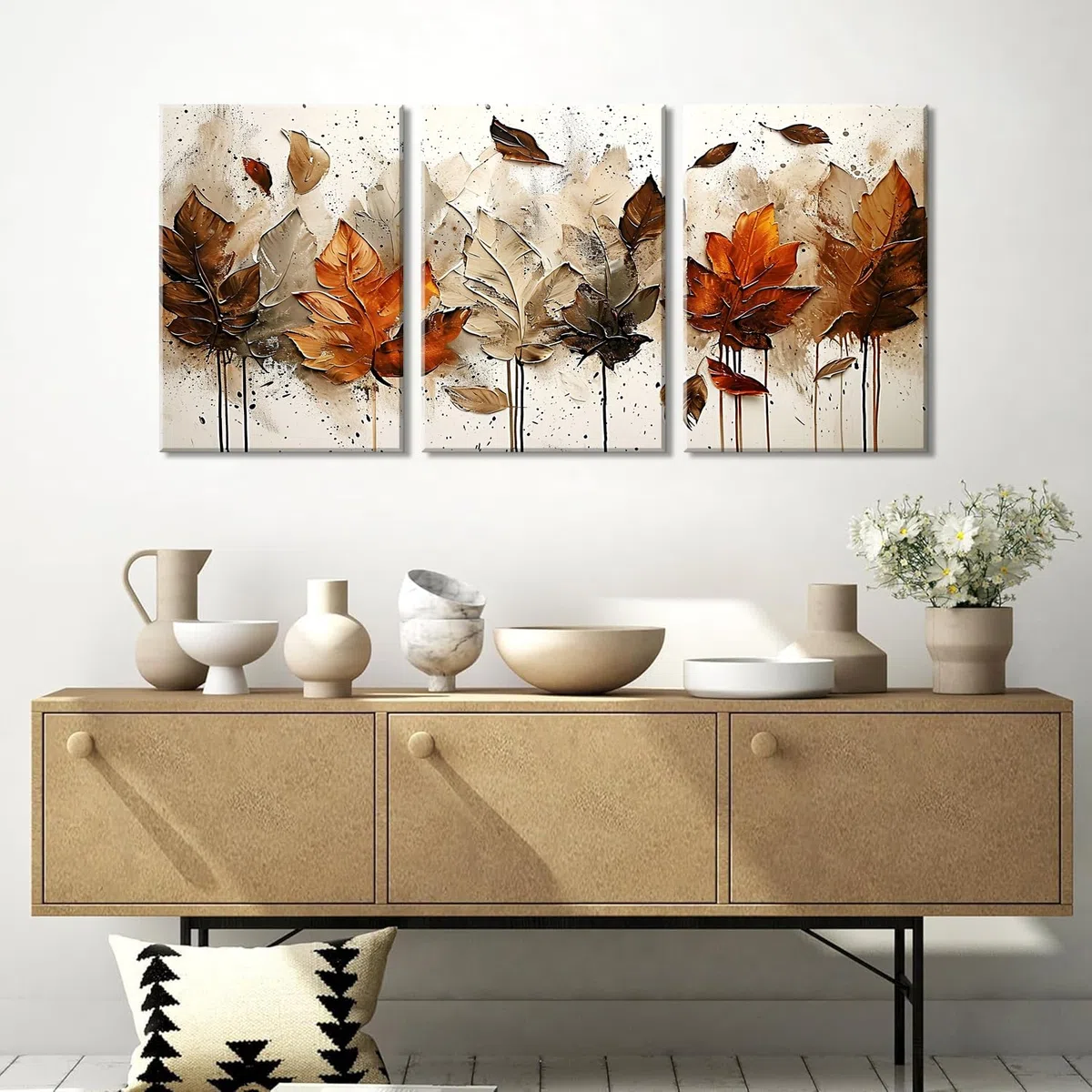 Piy Painting 3er Wandbilder Set, Leinwandbilder Mit Blättern, Vintage Kunstdrucke, Leinwand Bilder Natur, Bild Mit Rahmen, Dekorative Gemälde Für Wanddeko Schlafzimmer Wohnzimmer Flur Büro 58 x 40 cm